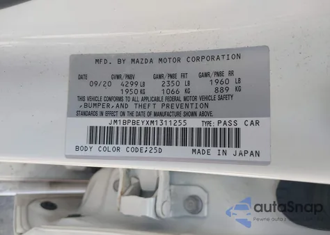 2021 Mazda Mazda3 2.5 Turbo Premium Plus z USA, uszkodzony, nr VIN JM1BPBEYXM1311255